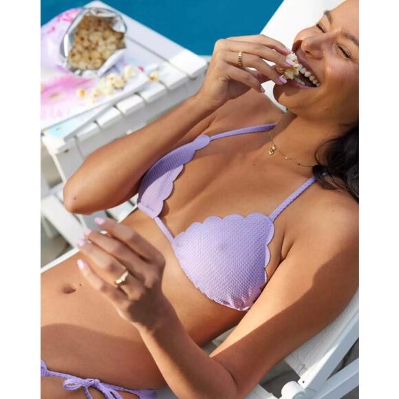 aerie Waffle Scalloped String Triangle Bikini Top & Bottom Set Purple Small - Picture 2 of 6